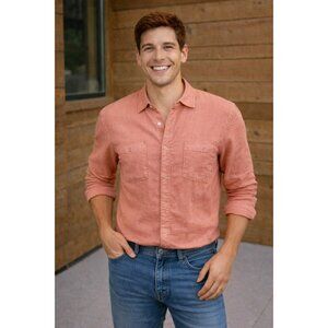 Raffi Pure Linen Tangerine Mens Medium Casual Button Down Shirt